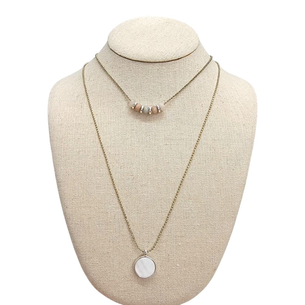Lucky Brand Layered Necklace Mother of Pearl Disc Multi Stone Beaded Pendant